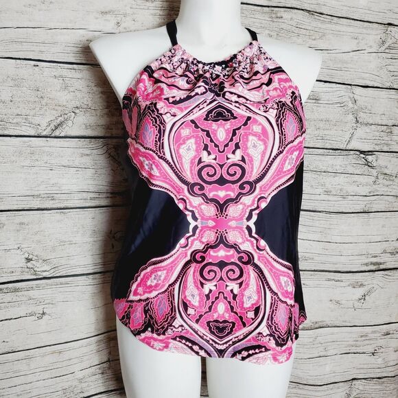 SWIM BY CACIQUE TANKINI SWIM TOP pink black size 14 built in bra Paisley print - Picture 1 of 5